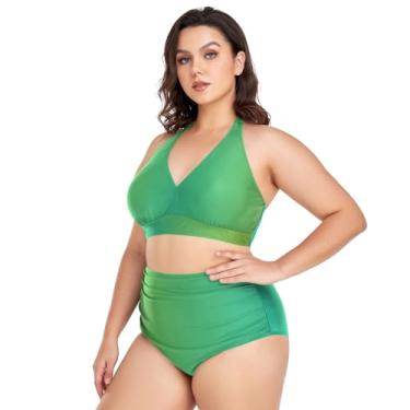 Imagem de Biquíni feminino de cintura alta, plus size, 2 peças, frente única, franzido com parte inferior, Verde dégradé, 4X-Large Plus