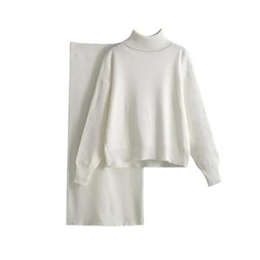 Imagem de Saia feminina outono inverno sólido gola rolê suéter saia tricotada combinando, Branco, M