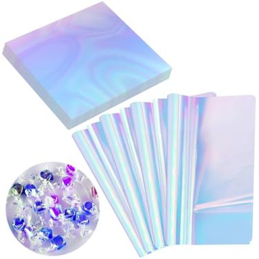Imagem de Prudiut 150 folhas de celofane iridescente azul holográfico celofane papel iridescente para embrulho de doces, artesanato faça você mesmo, luzes artísticas, decoração de janela (22 x 23 cm)