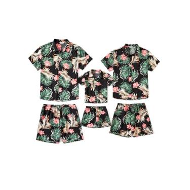 Imagem de PATPAT Conjunto de camiseta e shorts havaianos com estampa floral de plantas tropicais para toda a família, Floral preto, XXG