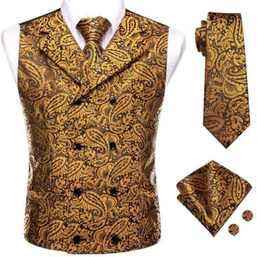 Imagem de BoShiNuo Conjunto de 4 peças slim colete gravata lenço abotoaduras seda masculino colete pescoço conjunto para terno vestido casamento Paisley Floral Coletes, 3116, X-Large