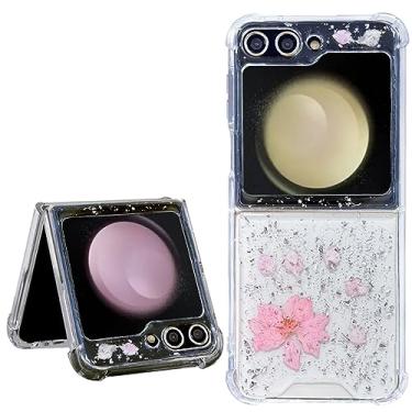 Imagem de Abbery Capa para Samsung Galaxy Z Flip 5 5G Swallow Pink Flower Clear com design, linda flor floral brilhante TPU e PC transparente seca flor prensada verdadeira capa estética para mulheres meninas