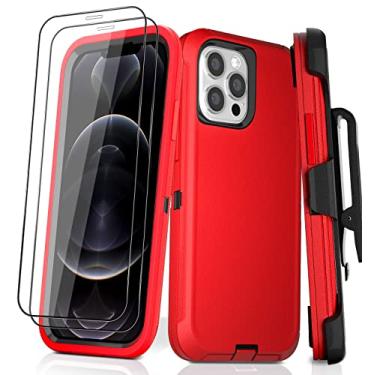 Imagem de DHCALL Capa para iPhone 12 Pro Max (6,7 polegadas), com 2 películas protetoras de tela de vidro temperado, clipe de cinto, [proteção total contra quedas] à prova de choque, resistente, durável, 6,7 polegadas (vermelho preto + clipe)