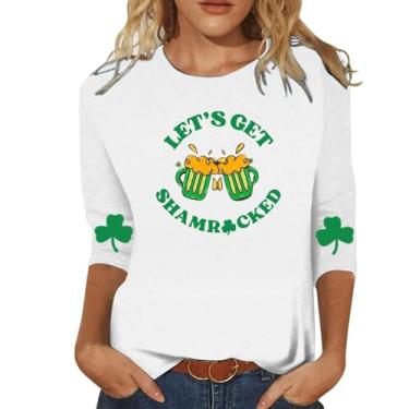 Imagem de Camiseta feminina do Dia de São Patrício com estampa de trevo da sorte túnica verde manga 3/4, Amarelo, 5G