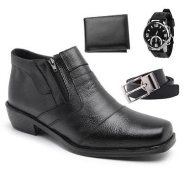 Imagem de Kit Bota Masculina Couro Social Cano Curto Com Zíper Lateral Conforto + Relógio + Cinto + Carteira-Masculino