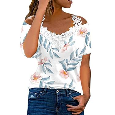 Imagem de Lainuyoah Blusa feminina com ombro vazado 2024 manga curta sexy estampa floral gola V blusa verão renda floral túnica, Bege, XXG