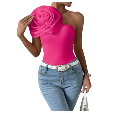 Imagem de BEAUDRM Camiseta feminina 3D floral de um ombro só, malha contrastante, gola assimétrica, sem mangas, ajuste regular, casual, festa, Rosa choque, GG