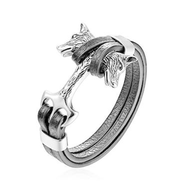 Imagem de HAQUIL Pulseira de lobo para homens - Pingente duplo de algemas de cabeça de lobo - Couro PU preto (AD)