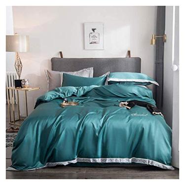 Imagem de Jogo de cama de quatro peças, resistente a manchas, 4 peças, de seda lavada, conjunto de lençóis macios de 1,8 m e 2,0 m, elegante e confortável (King verde-escuro)