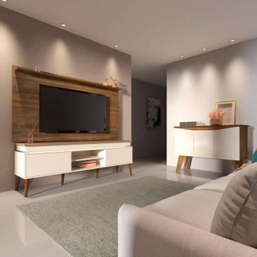 Imagem de conjunto para sala de estar lumina com rack, painel para tv até 42 polegadas e buffet 3 pt pinho e off white