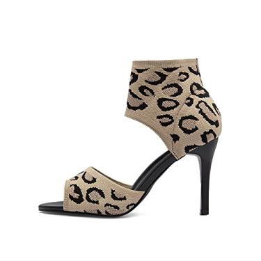 Imagem de JishinGal Sandálias femininas de salto agulha Peep Toe, tecido elástico, bico aberto, salto alto para casamentos elegantes, Leopardo, 34