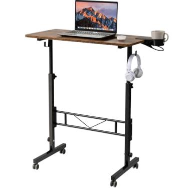 Imagem de SIDUCAL Mesa de pé ajustável, mesa móvel pequena com rodas, mesa de computador portátil para caminhada, mesa de rodinhas para sala de aula, escritório em casa, marrom rústico