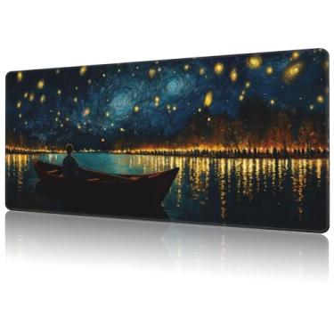 Imagem de NIYLYNSYN Tapete de mouse grande Um homem em barco a remo de madeira tapete de mesa de teclado para jogos estendido borracha antiderrapante com borda costurada almofada de mesa adequado para decoração