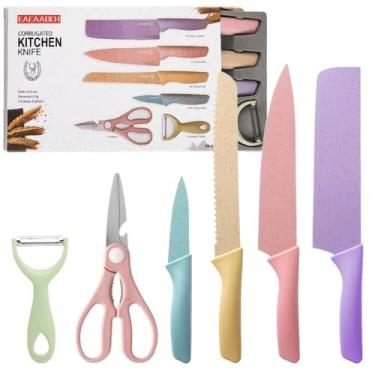 Imagem de Jogo De Facas Gourmet 6 Peças Colorido Aço Inox Antiaderente - Lelong