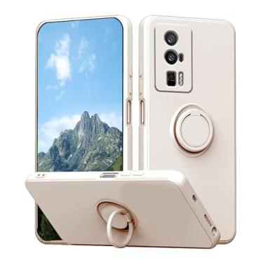 Imagem de Wousunly Capa compatível com Poco F5 Pro com suporte de anel preto, capa protetora de silicone líquido para Xiaomi Poco F5 Pro com forro de microfibra macia fina à prova de choque (branca)