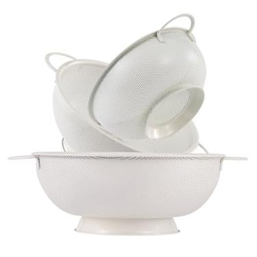 Imagem de Escorredor de aço inoxidável 3 peças, cesto de filtro de metal com base sólida e alças para alimentos de cozinha, macarrão, macarrão, legumes e frutas, revestido em pó, livre de BPA, pode ser lavado