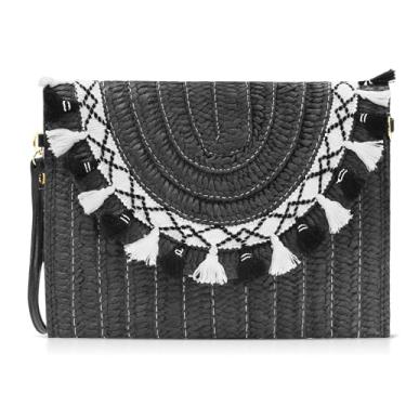 Imagem de QTKJ Bolsa de mão, pacote de envelope de palha, bolsas de mão com borlas pretas e brancas, bolsas de mão com alça de ombro transversal, bolsa de palha adequada para praia, viagens, combinação diária,