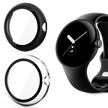 Imagem de Capa compatível com Google Pixel Watch, capa protetora rígida de policarbonato Lamshaw com protetor de tela de vidro temperado compatível com o relógio Google Pixel (pacote com 2 - preto + transparente)