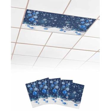 Imagem de Bolas de Natal, capas de luz fluorescente para luzes de teto, filtros de luz magnética azul floco de neve, pacote com 4, 1,2 x 0,6 m, capa de teto de neve para sala de aula, escritório, escola, casa,
