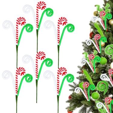 Imagem de 12 palhetas verdes peludas de Natal, sprays encaracolados espirais peludos, enfeites de elfo, hastes para enfeite de árvore de Natal, galhos, decoração de casa, escritório, festas, presentes (6, doces