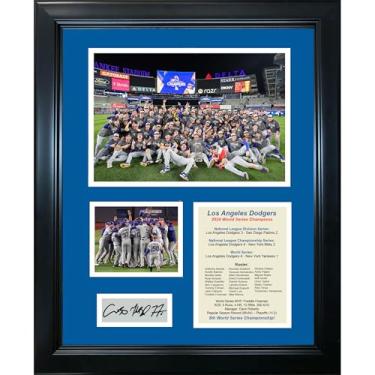 Imagem de Quadro Los Angeles Dodgers 2024 World Series Champions Shohei Ohtani Mookie Betts Freddie Freeman MVP Fac-símile Gravação a Laser Assinatura Auto 28 x 35 cm Colagem de Foto de Beisebol Sig