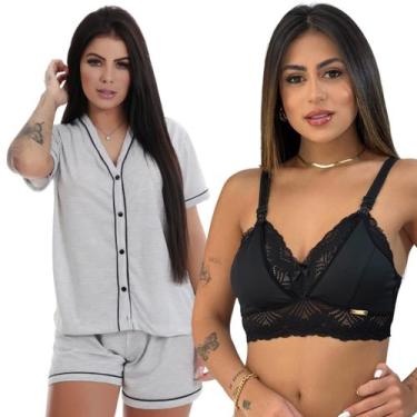 Imagem de Kit Pijama Amamentação + Sutiã Amamentação Renda Gestante - Charme Del