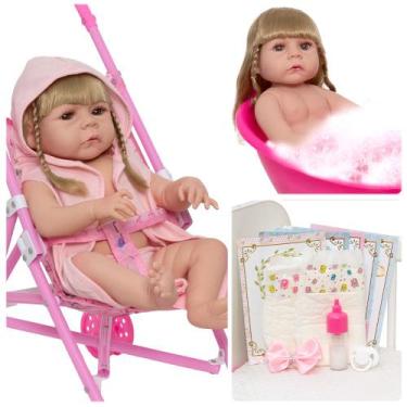 Imagem de Bebê Reborn De Silicone Loira Enxoval 14 Itens Com Carrinho - Cegonha 