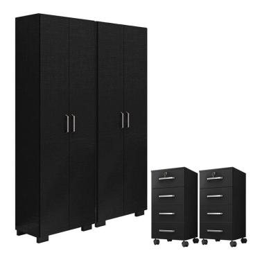 Imagem de Kit 2 Gaveteiros para Escritório Gávea com Chave e 2 Livreiros Office com Portas Grandes Preto Fosco - Móveis Leão