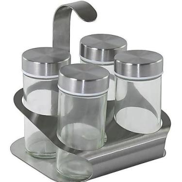 Imagem de Kit Porta Temperos Condimentos Inox e Vidro 04 Pçs e Suporte - Unyhome