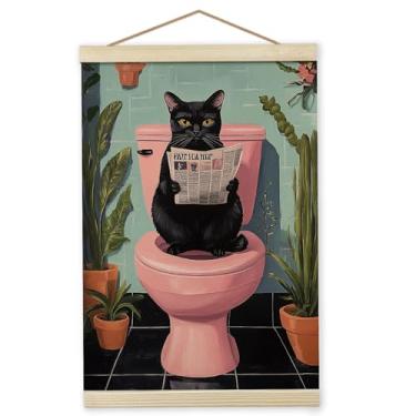 Imagem de Giosve Arte emoldurada de gato preto, 30,5 x 40,6 cm, arte de parede de pôster de gato preto engraçado tropical, arte de parede com impressão em tela de gato, moldura de madeira de gato preto
