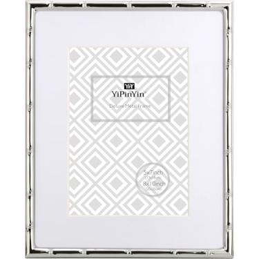 Imagem de YiPinYin Porta-retrato elegante de metal prateado com detalhe de bambu de 20 x 25 cm, moldura estreita banhada a prata 12 x 18 cm com suporte de veludo de toque macio para decoração de mesa e parede