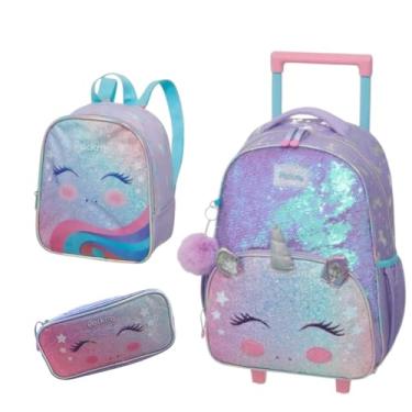 Imagem de Kit Escolar Mochila de Rodinhas Alça nas Costas Com Brilho Lancheira Termica e Estojo Duplo Uniconio