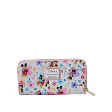 Imagem de Loungefly Carteira Disney Mickey Minnie Mouse com zíper AOP floral Saffiano couro sintético, Multicor, Carteira clutch
