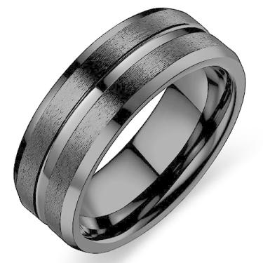 Imagem de Adreamz Anel masculino de carboneto de tungstênio com sulco de prata preta de 8 mm Aliança de casamento de tungstênio com sulco central acabamento escovado fosco bordas chanfradas, 11, Carboneto de