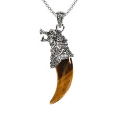 Imagem de Justinstones Colar com pingente de animal lobo com pedras preciosas naturais, retrô, dente de lobo, joia presente 56 cm, Pedra, Olhos de tigre