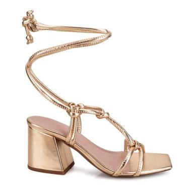 Imagem de Sandália Feminina Dourada Amarração Salto Bloco - Rizzicomercio, 38, D