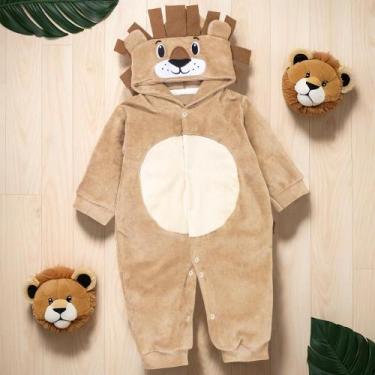 Imagem de Macacão para Bebê em Plush com Capuz Bordado de Leão Bege - Era Uma Ve