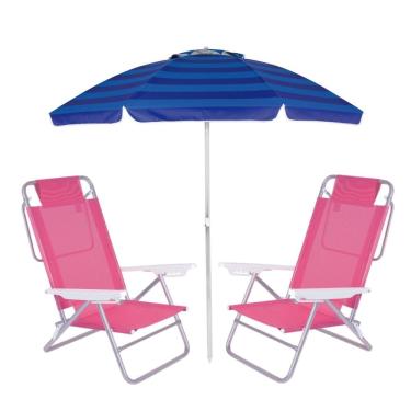 Imagem de Kit Praia Guarda Sol Articulado 2m Cadeira Reclinável Summer 6 Posições Até 110kg Alumínio - Mor