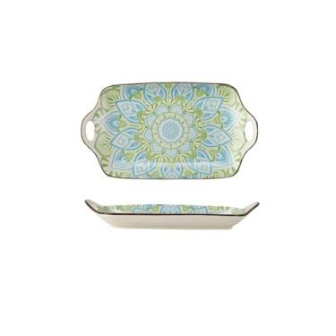 Imagem de Prato retangular de cerâmica de cor criativa de 30,5 cm/orelha dupla, prato de peixe cozido no vapor para churrasco doméstico - prato retangular de orelha dupla de 30,5 cm - índigo