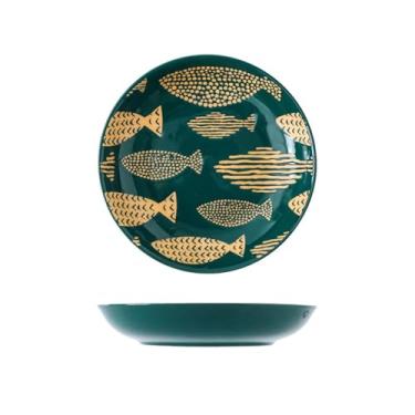 Imagem de Louça de cerâmica pintada à mão em estilo japonês de 17,8 cm, prato de restaurante frio, prato de dim sum - prato de arroz de 18 cm - verde multi-peixe
