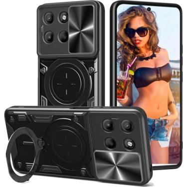 Imagem de Ephoou Capa protetora para Motorola Moto G15 5G de 6,7 polegadas com suporte de anel magnético, capa resistente à prova de choque de grau militar com capa de lente de câmera deslizante para Motorola