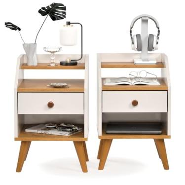 Imagem de KIT 2 Mesas De Cabeceiras 1 Gaveta Nicho Prateleiras Mini Cômoda Criado Dakota (OffWhite/Nature)