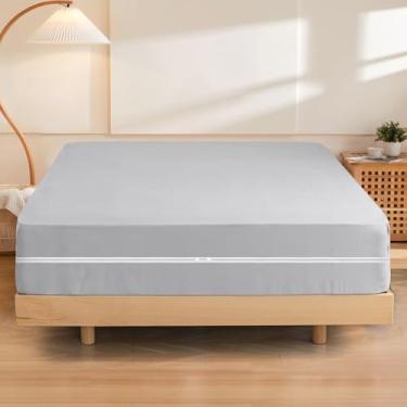 Imagem de Lençol casal com zíper 100% algodão egípcio 600 fios, qualidade hoteleira, 1 lençol com elástico 137 x 180 cm, cinza prateado