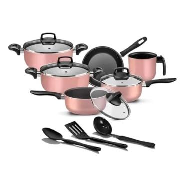 Imagem de Conjunto de Panelas Antiaderente, 9 Peças, Rosa, Com Tampa de Vidro e Utensílios de Cozinha