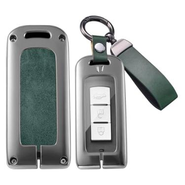Imagem de HIBEYO Capa Smart Key Fob compatível com Mitsubishi Outlander Sport Eclipse Cross ASX Mirage RVR Lancer Fortis Ex Acessórios Capa de chave de couro de liga com chaveiros - Verde chaveiro longo