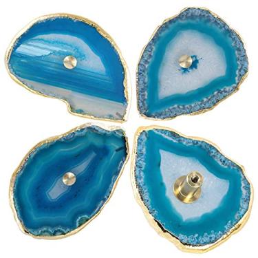 Imagem de rockcloud Puxadores de fatia de ágata azul para armário de gaveta, puxador para cômoda armário fatia tingida com botões de borda banhados a ouro para móveis decorativos de casa, pacote com 4