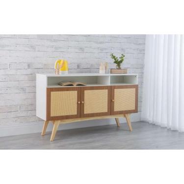 Imagem de Balcão Buffet Para Sala De Jantar Mdf Branco Pés Taeda 3 Portas Com Ni