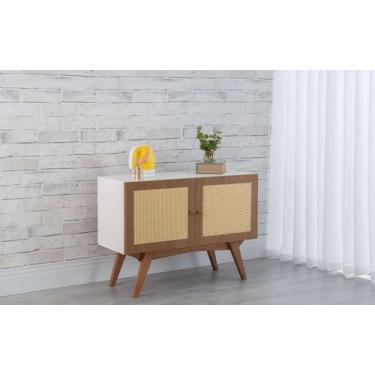 Imagem de Balcão Buffet Pés Jatobá Mdf Branco 2 Portas Freijó E Palhinha Retrô D