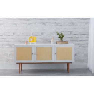 Imagem de Balcão Buffet Pés Palito Madeira 3 Portas Mdf E Palhinha Estilo Retrô 