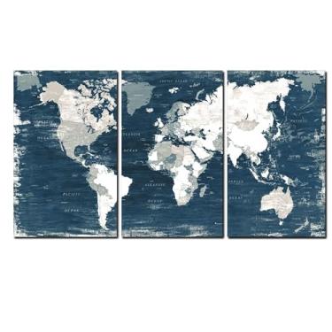 Imagem de Arte de parede em tela com mapa-múndi azul para sala de estar, grande escritório, arte de arte, decoração emoldurada para cozinha, quarto de crianças, 40,6 x 30,5 x 30,5 cm